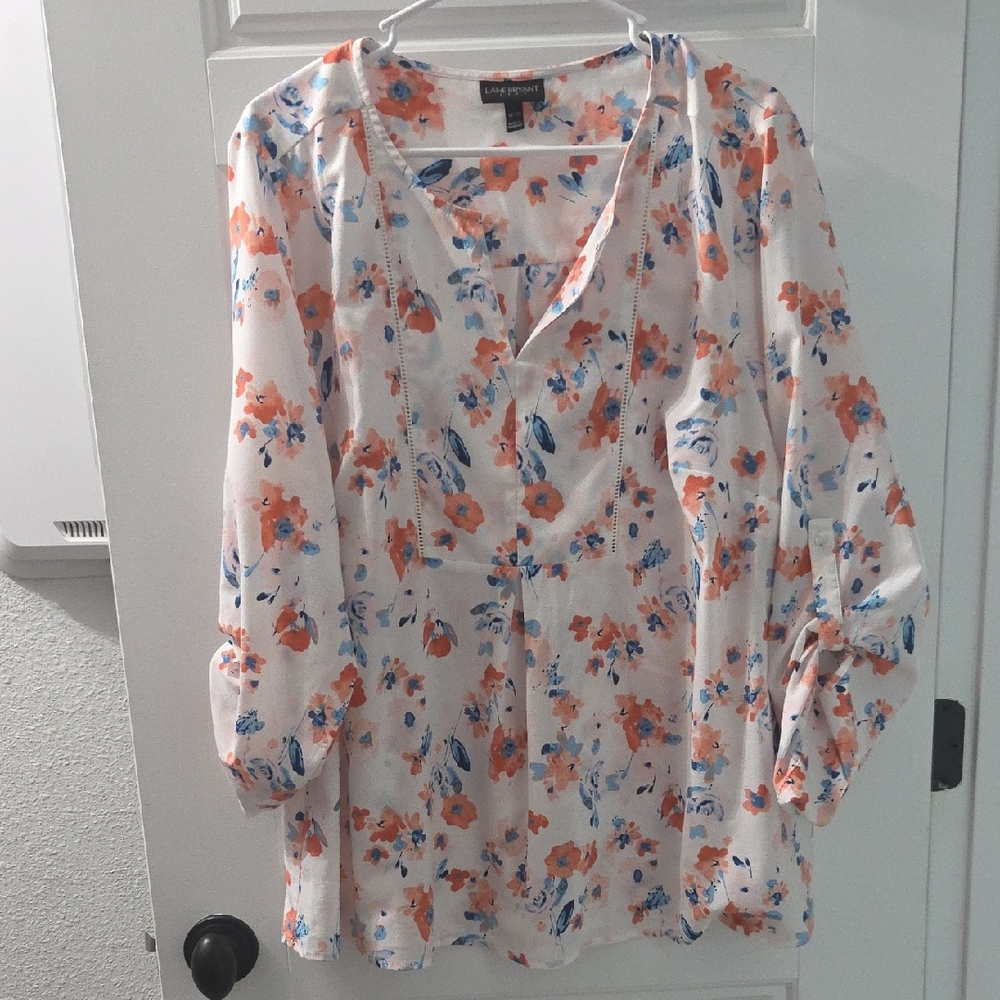 Lark & Ro Women's Floral Blouse - White, Orange, and Blue